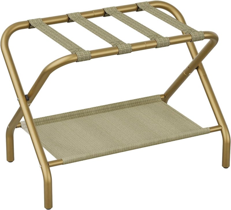 Smart FENDEE Gold Luggage Rack for Guest Room, Folding Suitcase Stand with Storage Shelf, Steel Portable Luggage Stand Bedroom, Hotel, Travel, Easy Assembly, Hold up to 110 lb - Image 1
